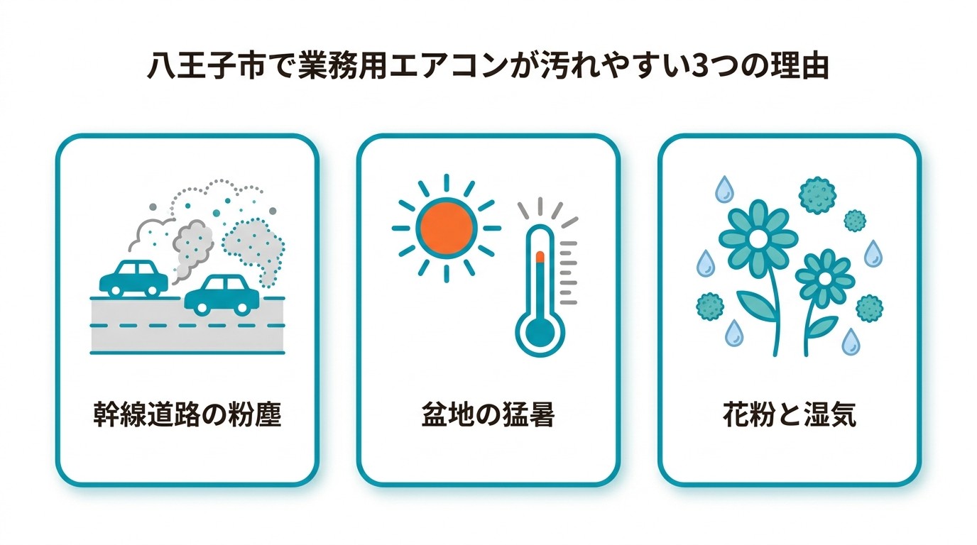八王子市で業務用エアコンが汚れやすい3つの理由(幹線道路の粉塵、盆地の猛暑、花粉と湿気)の図解